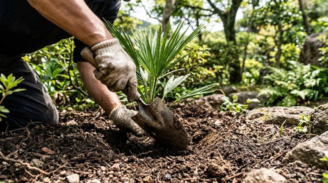 ヤシの苗を植え付ける手元