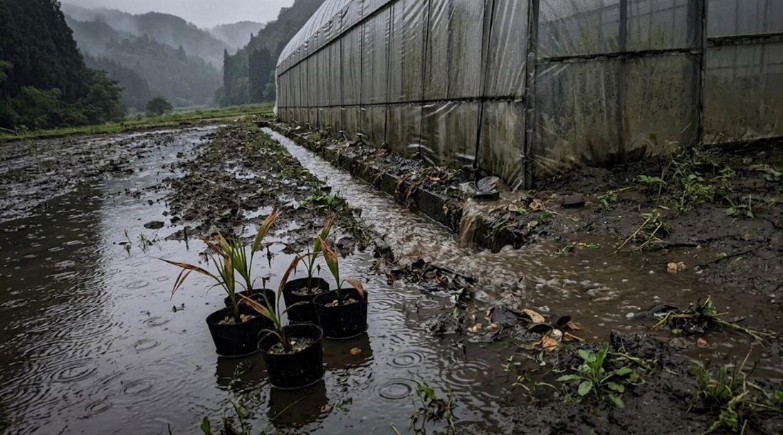 長雨で水があふれた温室の横